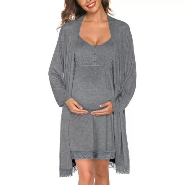 SWOMOG Womens Maternity Robe and Nursing Nightgown Sets for Breastfeeding 3 in 1 Labor Delivery Lace Dress BathrobeGrey