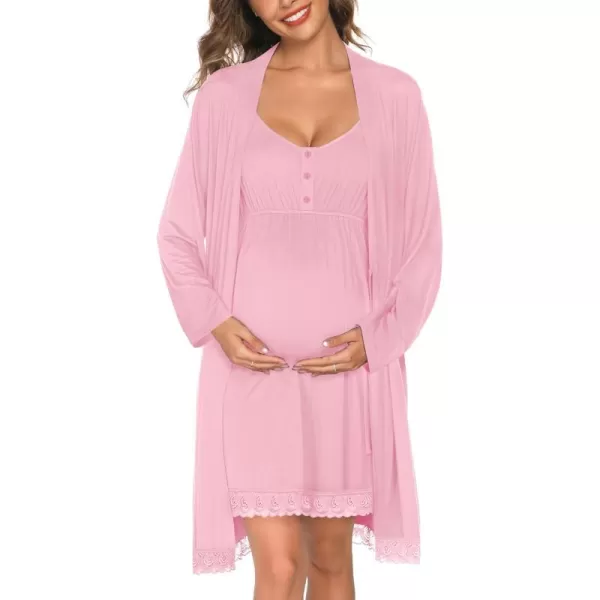 SWOMOG Womens Maternity Robe and Nursing Nightgown Sets for Breastfeeding 3 in 1 Labor Delivery Lace Dress BathrobePink