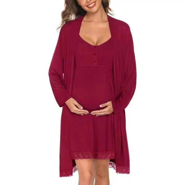 SWOMOG Womens Maternity Robe and Nursing Nightgown Sets for Breastfeeding 3 in 1 Labor Delivery Lace Dress BathrobeWine Red