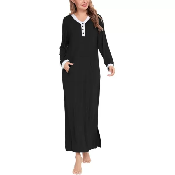 SWOMOG Womens Nightgown Long Sleeve Sleep Shirts Oversized Sleep Dress Long Soft Housecoat With PocketsBlack