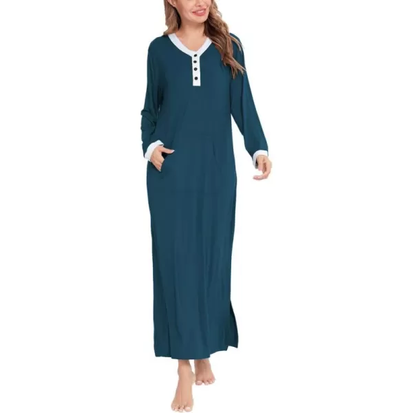 SWOMOG Womens Nightgown Long Sleeve Sleep Shirts Oversized Sleep Dress Long Soft Housecoat With PocketsBlue Green