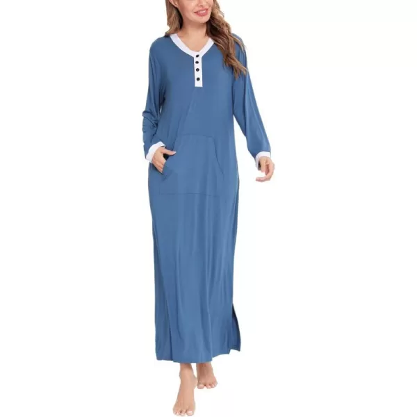 SWOMOG Womens Nightgown Long Sleeve Sleep Shirts Oversized Sleep Dress Long Soft Housecoat With PocketsDark Blue