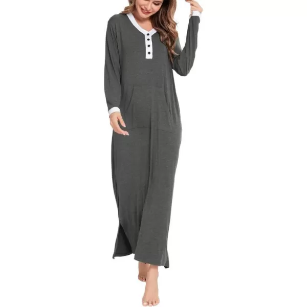 SWOMOG Womens Nightgown Long Sleeve Sleep Shirts Oversized Sleep Dress Long Soft Housecoat With PocketsDark Grey