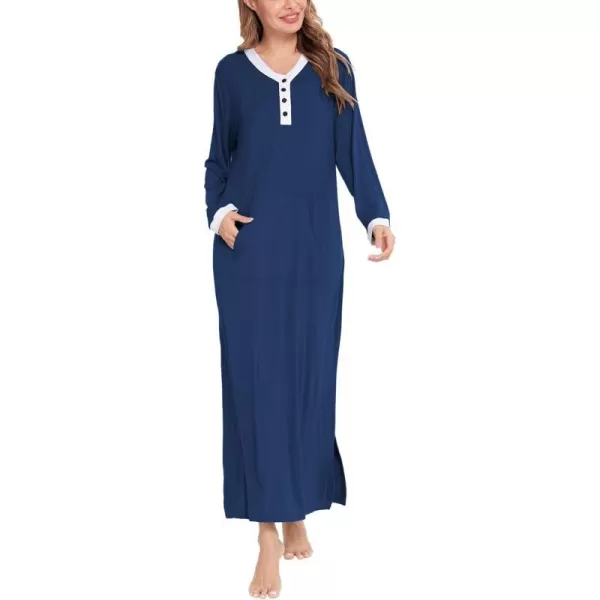 SWOMOG Womens Nightgown Long Sleeve Sleep Shirts Oversized Sleep Dress Long Soft Housecoat With PocketsNavy Blue