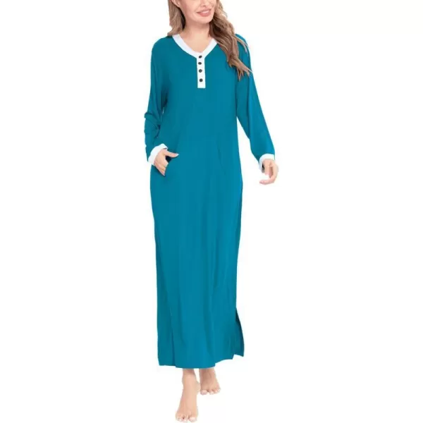 SWOMOG Womens Nightgown Long Sleeve Sleep Shirts Oversized Sleep Dress Long Soft Housecoat With PocketsPeacock Blue