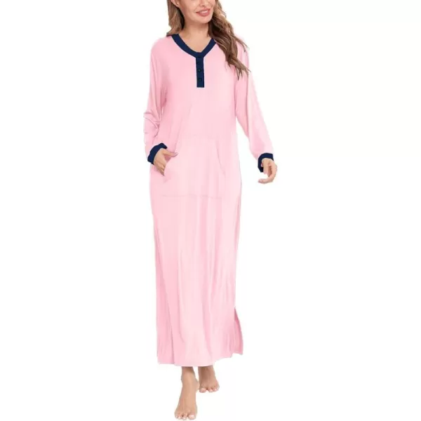 SWOMOG Womens Nightgown Long Sleeve Sleep Shirts Oversized Sleep Dress Long Soft Housecoat With PocketsPink