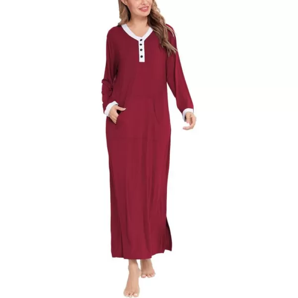 SWOMOG Womens Nightgown Long Sleeve Sleep Shirts Oversized Sleep Dress Long Soft Housecoat With PocketsWine Red