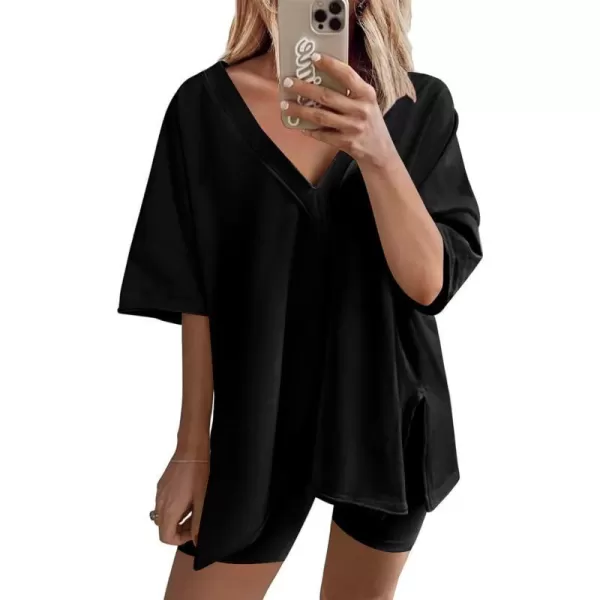 SWOMOG Womens Pajama Set 2 PCS Lounge Sets Oversized Tracksuit V Neck TShirts Short Sleeve Tops with Biker Shorts SetBlack