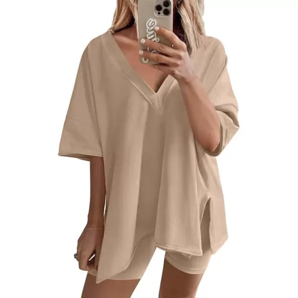 SWOMOG Womens Pajama Set 2 PCS Lounge Sets Oversized Tracksuit V Neck TShirts Short Sleeve Tops with Biker Shorts SetKhaki