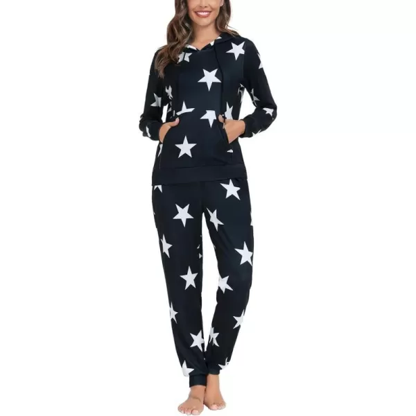 SWOMOG Womens Pajama Set Pullover Hoodie Pajamas Long Sleeve Warm Pjs with Kangaroo Pocket 2 Piece SleepwearBlack