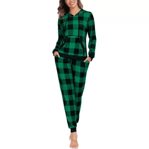 SWOMOG Womens Pajama Set Pullover Hoodie Pajamas Long Sleeve Warm Pjs with Kangaroo Pocket 2 Piece SleepwearGreen Plaid