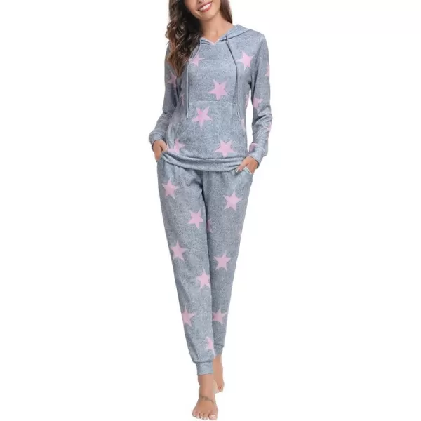 SWOMOG Womens Pajama Set Pullover Hoodie Pajamas Long Sleeve Warm Pjs with Kangaroo Pocket 2 Piece SleepwearLight Grey