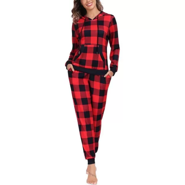 SWOMOG Womens Pajama Set Pullover Hoodie Pajamas Long Sleeve Warm Pjs with Kangaroo Pocket 2 Piece SleepwearRed Plaid