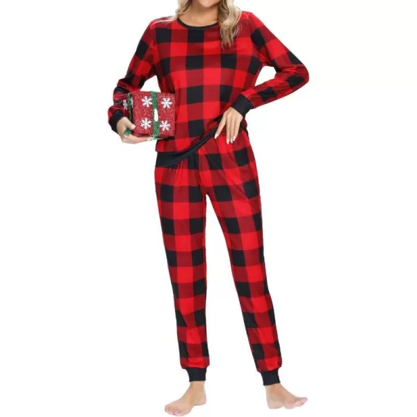 SWOMOG Womens Pajama Sets 2 Pcs Printed Lounge Sets Long Sleeve Sleepwear O Neck Pjs Sets with PocketsBlack Red Plaid