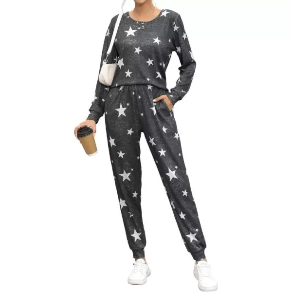 SWOMOG Womens Pajama Sets 2 Pcs Printed Lounge Sets Long Sleeve Sleepwear O Neck Pjs Sets with PocketsDark Gray Star