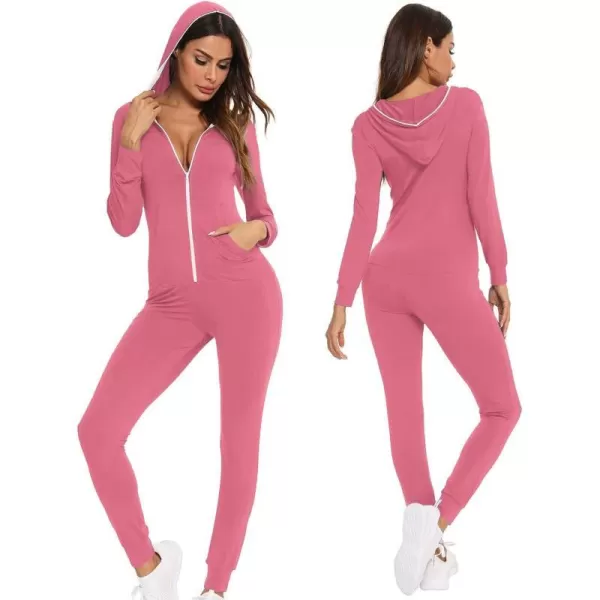 SWOMOG Womens Pajamas Jumpsuits Zipup Hoodie Union Jumpsuit Romper Sexy Onesie Long Sleeve Bodysuits One Piece SleepwearCoral