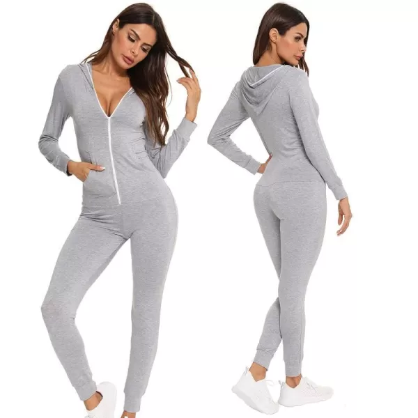 SWOMOG Womens Pajamas Jumpsuits Zipup Hoodie Union Jumpsuit Romper Sexy Onesie Long Sleeve Bodysuits One Piece SleepwearGrey