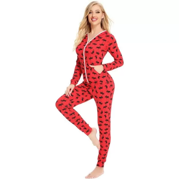 SWOMOG Womens Pajamas Jumpsuits Zipup Hoodie Union Jumpsuit Romper Sexy Onesie Long Sleeve Bodysuits One Piece SleepwearRed Deer