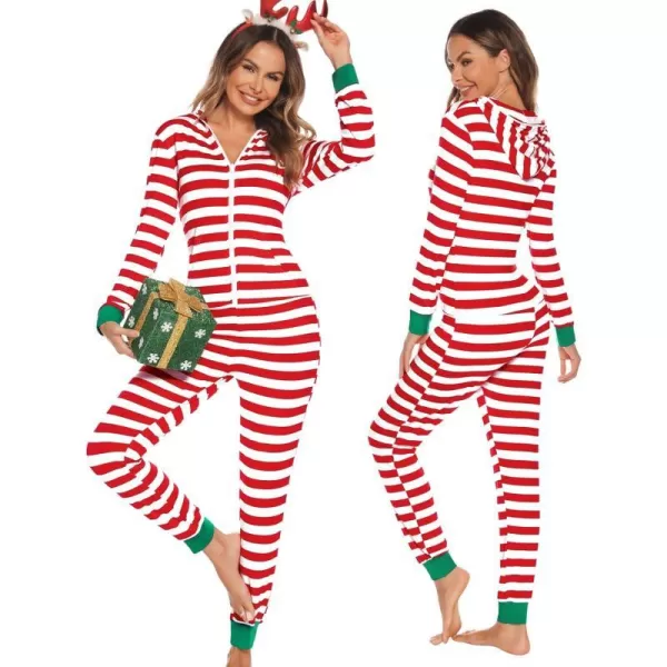 SWOMOG Womens Pajamas Jumpsuits Zipup Hoodie Union Jumpsuit Romper Sexy Onesie Long Sleeve Bodysuits One Piece SleepwearRed and White Striped