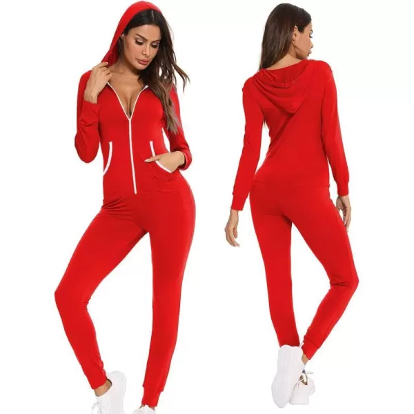 SWOMOG Womens Pajamas Jumpsuits Zipup Hoodie Union Jumpsuit Romper Sexy Onesie Long Sleeve Bodysuits One Piece SleepwearZ Red