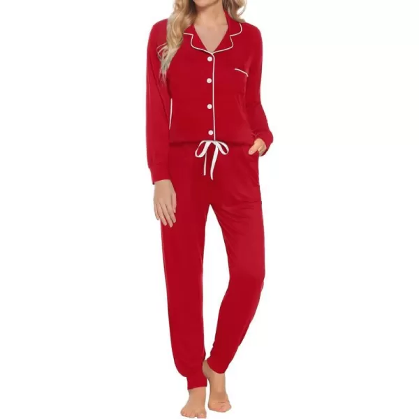 SWOMOG Womens Pajamas Set Long Sleeve Sleepwear Button Down Nightwear Soft Joggers PJs Sets with Pockets Lounge SetsRed