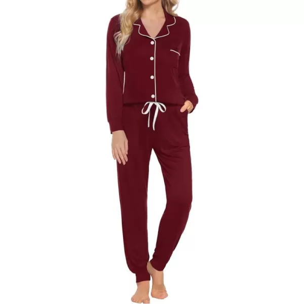 SWOMOG Womens Pajamas Set Long Sleeve Sleepwear Button Down Nightwear Soft Joggers PJs Sets with Pockets Lounge SetsWine Red