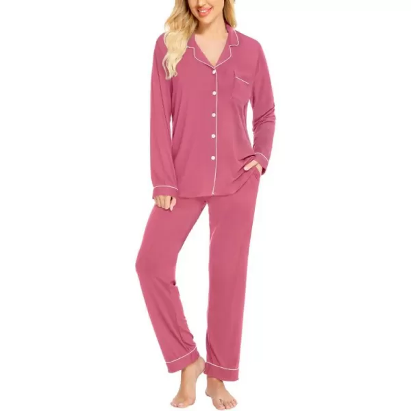 SWOMOG Womens Pajamas Set Long Sleeve Sleepwear Button Down Nightwear Soft Pj Lounge SetsAcoral Color