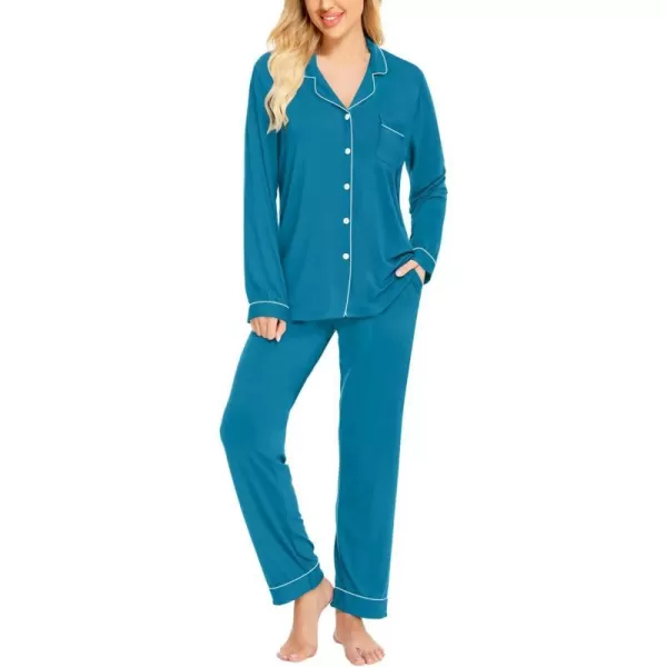 SWOMOG Womens Pajamas Set Long Sleeve Sleepwear Button Down Nightwear Soft Pj Lounge SetsApeacock Blue