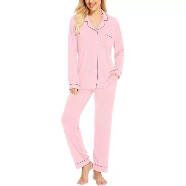 SWOMOG Womens Pajamas Set Long Sleeve Sleepwear Button Down Nightwear Soft Pj Lounge SetsApink