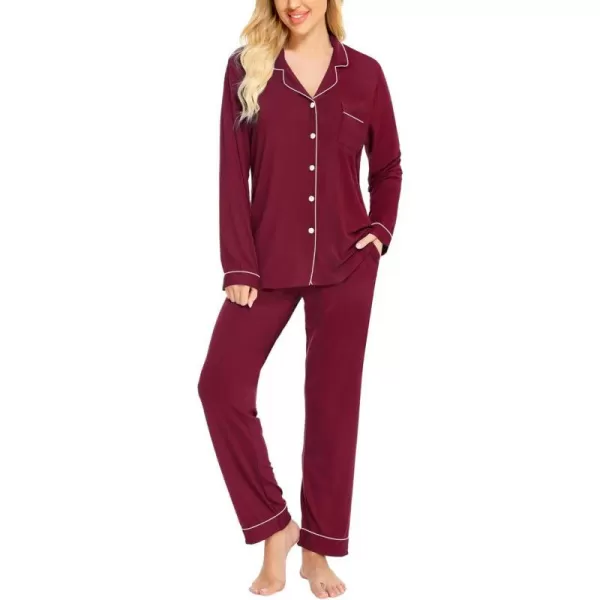 SWOMOG Womens Pajamas Set Long Sleeve Sleepwear Button Down Nightwear Soft Pj Lounge SetsAwine Red