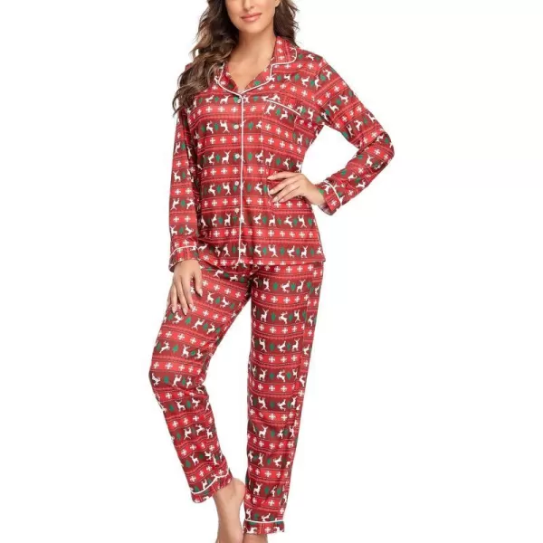 SWOMOG Womens Pajamas Set Long Sleeve Sleepwear Button Down Nightwear Soft Pj Lounge SetsElk and Christmas Tree