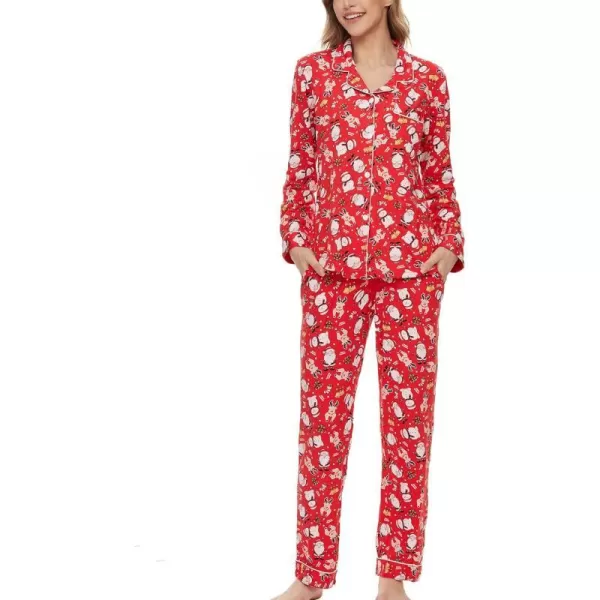 SWOMOG Womens Pajamas Set Long Sleeve Sleepwear Button Down Nightwear Soft Pj Lounge SetsSanta Claus Snowman Elk