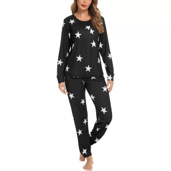 SWOMOG Womens Pajamas Set Long Sleeve Sleepwear with Pants 2 Pieces Cozy Modal Loungewear Pj Set03blackwhite Star