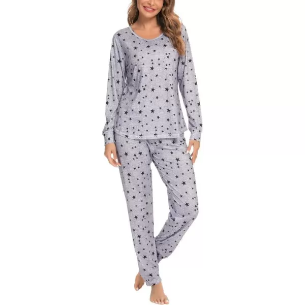 SWOMOG Womens Pajamas Set Long Sleeve Sleepwear with Pants 2 Pieces Cozy Modal Loungewear Pj Set03light Greyblack Star