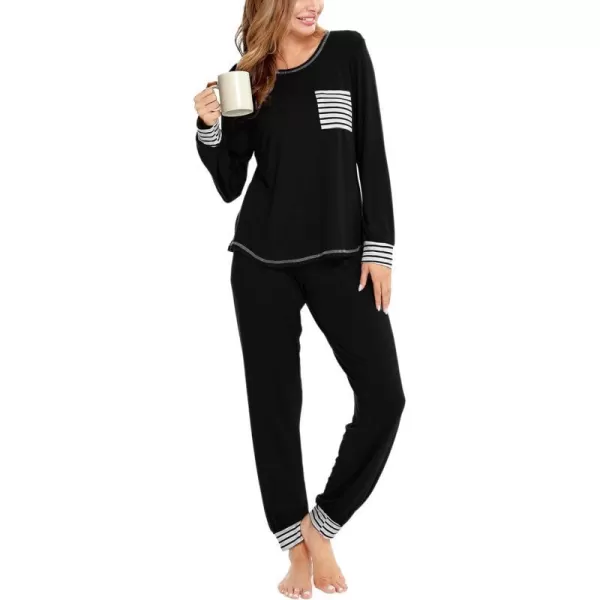 SWOMOG Womens Pajamas Set Long Sleeve Sleepwear with Pants 2 Pieces Cozy Modal Loungewear Pj Set0black