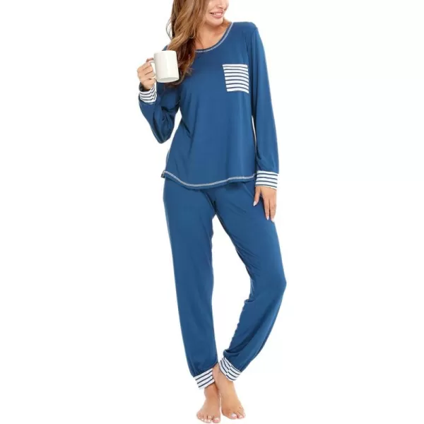 SWOMOG Womens Pajamas Set Long Sleeve Sleepwear with Pants 2 Pieces Cozy Modal Loungewear Pj Set0blue