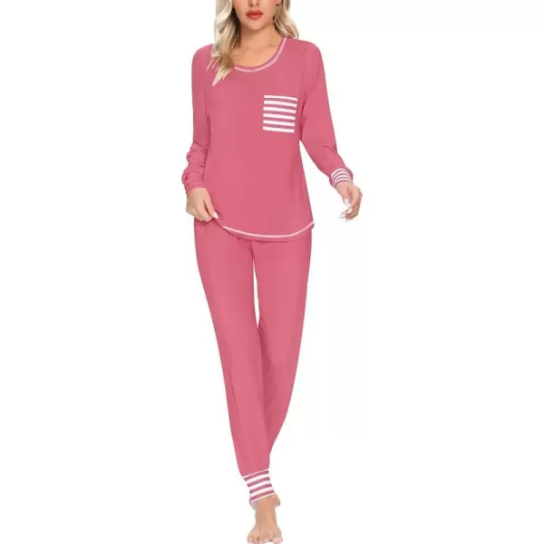 SWOMOG Womens Pajamas Set Long Sleeve Sleepwear with Pants 2 Pieces Cozy Modal Loungewear Pj Set0coral