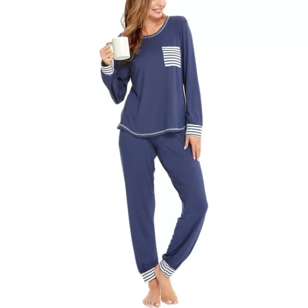 SWOMOG Womens Pajamas Set Long Sleeve Sleepwear with Pants 2 Pieces Cozy Modal Loungewear Pj Set0navy Blue