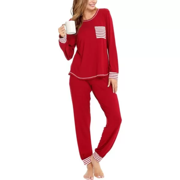 SWOMOG Womens Pajamas Set Long Sleeve Sleepwear with Pants 2 Pieces Cozy Modal Loungewear Pj Set0red