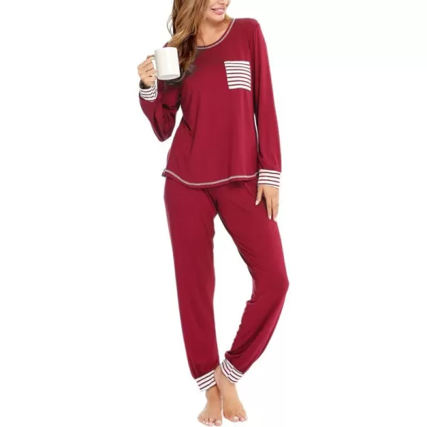 SWOMOG Womens Pajamas Set Long Sleeve Sleepwear with Pants 2 Pieces Cozy Modal Loungewear Pj Set0wine Red