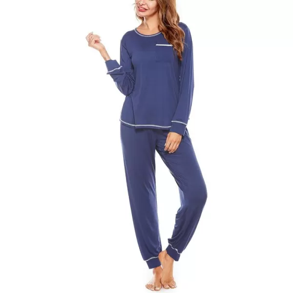 SWOMOG Womens Pajamas Set Long Sleeve Sleepwear with Pants 2 Pieces Cozy Modal Loungewear Pj Set2navy Blue