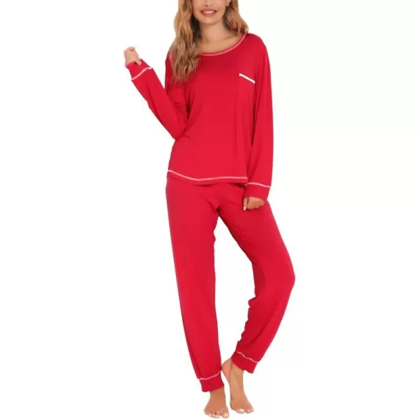 SWOMOG Womens Pajamas Set Long Sleeve Sleepwear with Pants 2 Pieces Cozy Modal Loungewear Pj Set2red