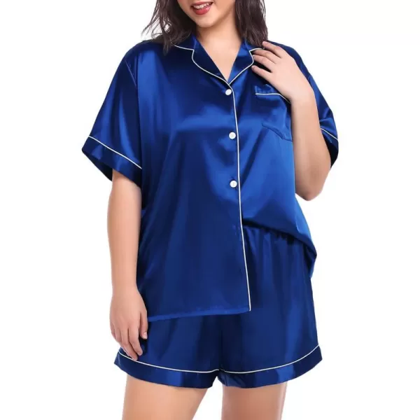 SWOMOG Womens Plus Size Pajama Set Silk Satin Pajamas Button Down Loungewear Set Short Sleeve Shirt and Shorts SleepwearNavy Blue