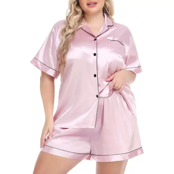 SWOMOG Womens Plus Size Pajama Set Silk Satin Pajamas Button Down Loungewear Set Short Sleeve Shirt and Shorts SleepwearPink