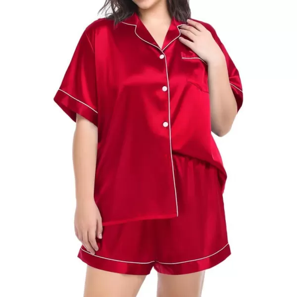 SWOMOG Womens Plus Size Pajama Set Silk Satin Pajamas Button Down Loungewear Set Short Sleeve Shirt and Shorts SleepwearRed