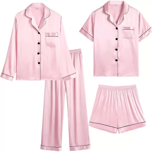 SWOMOG Womens Plus Size Pajama Sets Silk Satin 4 Pcs Pajamas Button Down Loungewear Silky Sleepwear Nightwear 16W26WPink