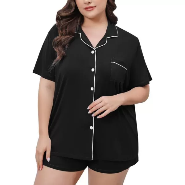 SWOMOG Womens Plus Size Pajamas Set Button Down Tops Short Sleeve Sleepwear Soft Pajama Shorts 2 Pcs Lounge Sets With PocketBlack