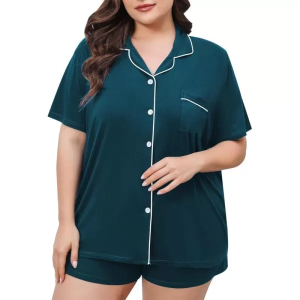 SWOMOG Womens Plus Size Pajamas Set Button Down Tops Short Sleeve Sleepwear Soft Pajama Shorts 2 Pcs Lounge Sets With PocketBlue Green