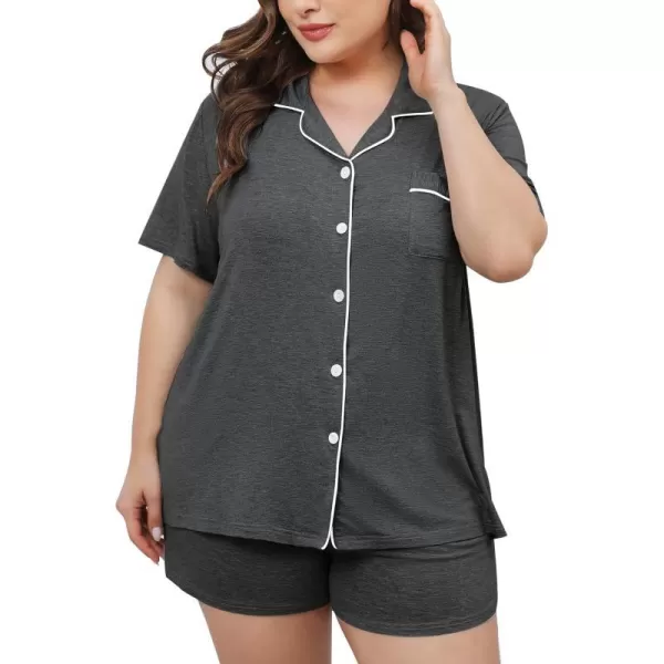 SWOMOG Womens Plus Size Pajamas Set Button Down Tops Short Sleeve Sleepwear Soft Pajama Shorts 2 Pcs Lounge Sets With PocketDark Gary