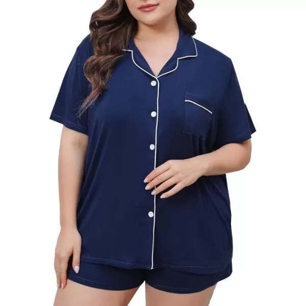 SWOMOG Womens Plus Size Pajamas Set Button Down Tops Short Sleeve Sleepwear Soft Pajama Shorts 2 Pcs Lounge Sets With PocketNavy Blue